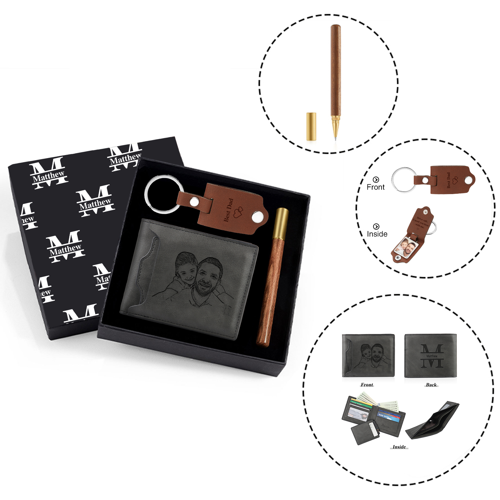 Personalized Leather Wallet Gift Box Set with Keychain Customizable Photo,Text ,Name and Letter Wallet Gift for Him