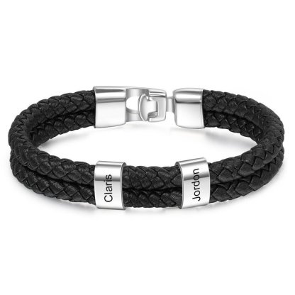 Personalized Braided Leather Bracelet Engraved 2 Names Men's Bracelet for Him