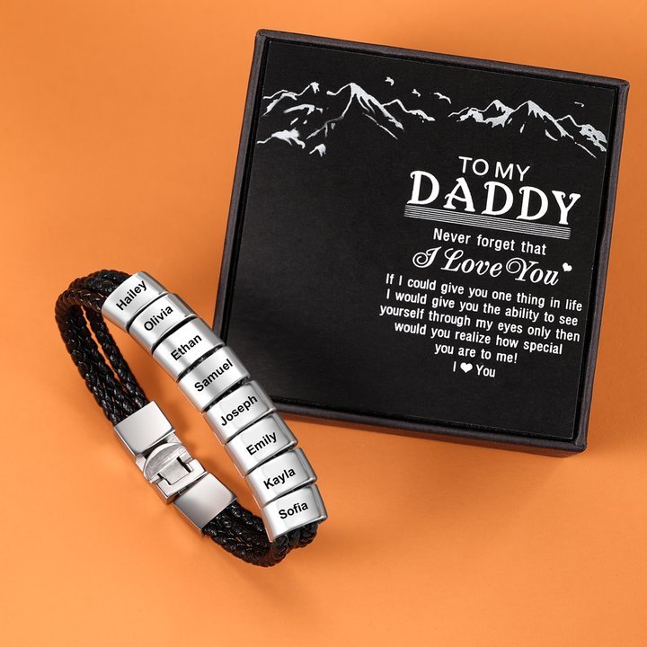 Personalized Braided Leather Bracelet Engraved 8 Names Men's Bracelet Gifts For Him