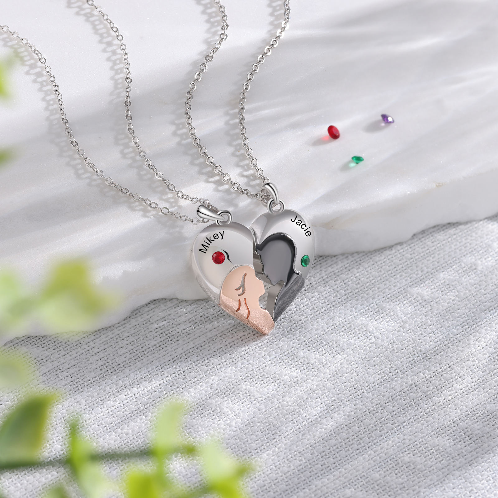 Custom 2Pcs Couple Birthstone Necklace, Customized Name Necklace Couple Gift