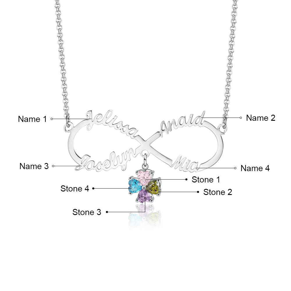 Personalized Infinity Necklace With 4 Birthstones Engraved Names Necklace Gift For Women