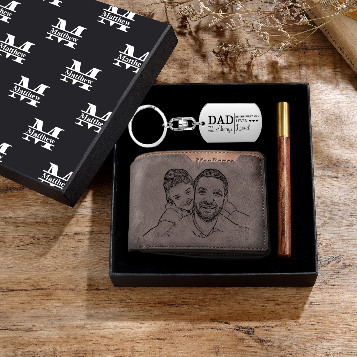Personalized Leather Wallet Gift Box Set with Keychain Customizable Photo and Text Wallet Gift for Dad