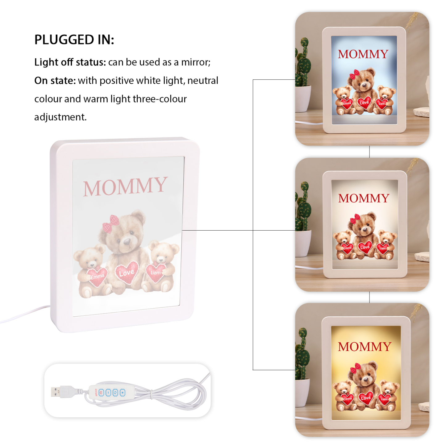 2 Names - Personalized Mum Home Bear Style Custom Text LED Night Light Gift for Mom