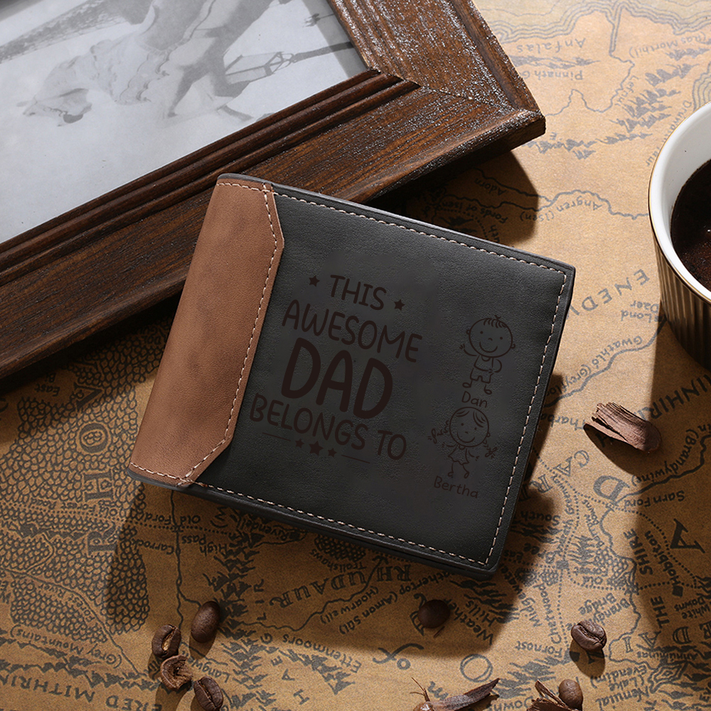 2 Names-Personalized Doll Customized Leather Men's Wallet Customized Name Folding Grey Wallet for Dad