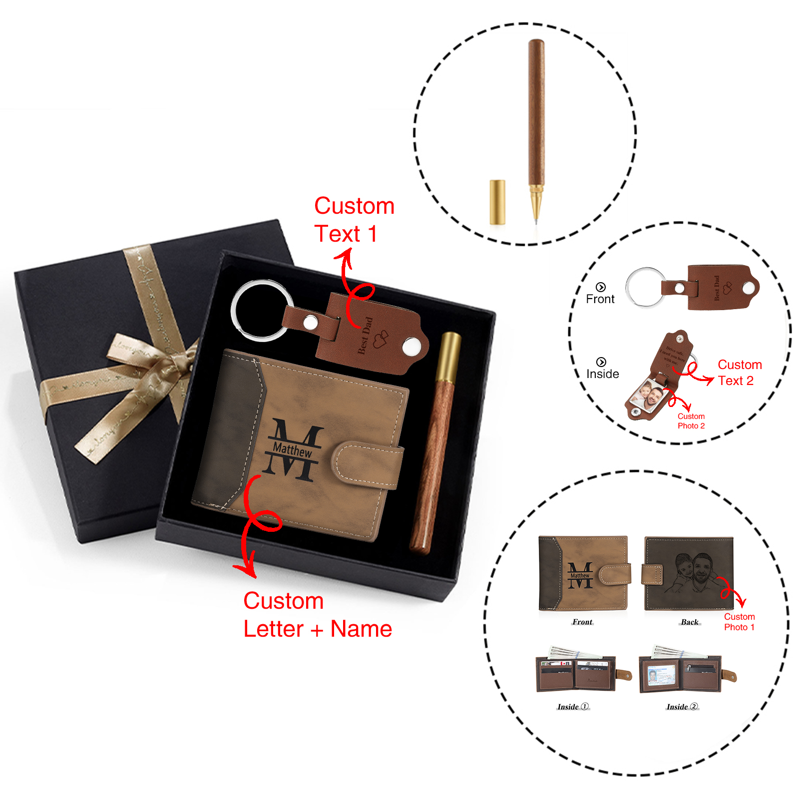 Personalized Leather Wallet Gift Box Set Keychain With Customizable Photo Wallet Customizable Name Letter Gift For Him