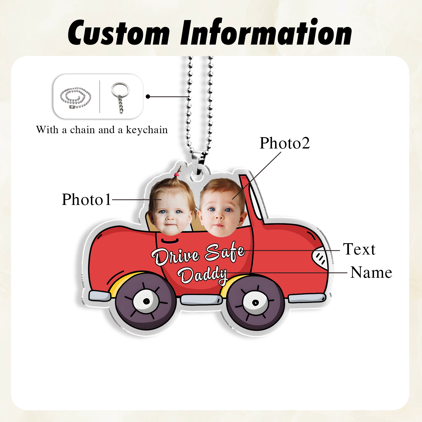 Acrylic Keychain/Decoration Personalized 2 Photos, Name And Text Driving Pattern Pendant For Dad