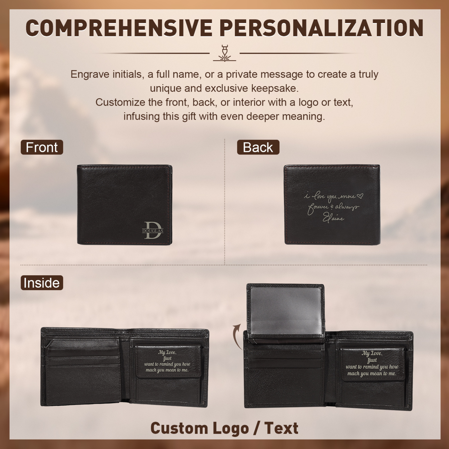 Personalized Leather RFID Bifold Wallet for Men with ID Window and Initial or Name Engraved