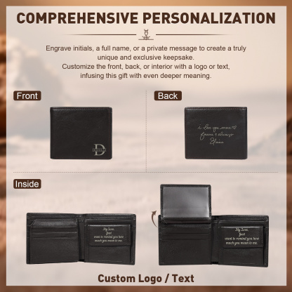 Personalized Leather RFID Bifold Wallet for Men with ID Window and Initial or Name Engraved