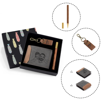 Personalized Leather Wallet Gift Box Set with Letter Name Keychain Customizable Photo and Text Wallet Gift for Him