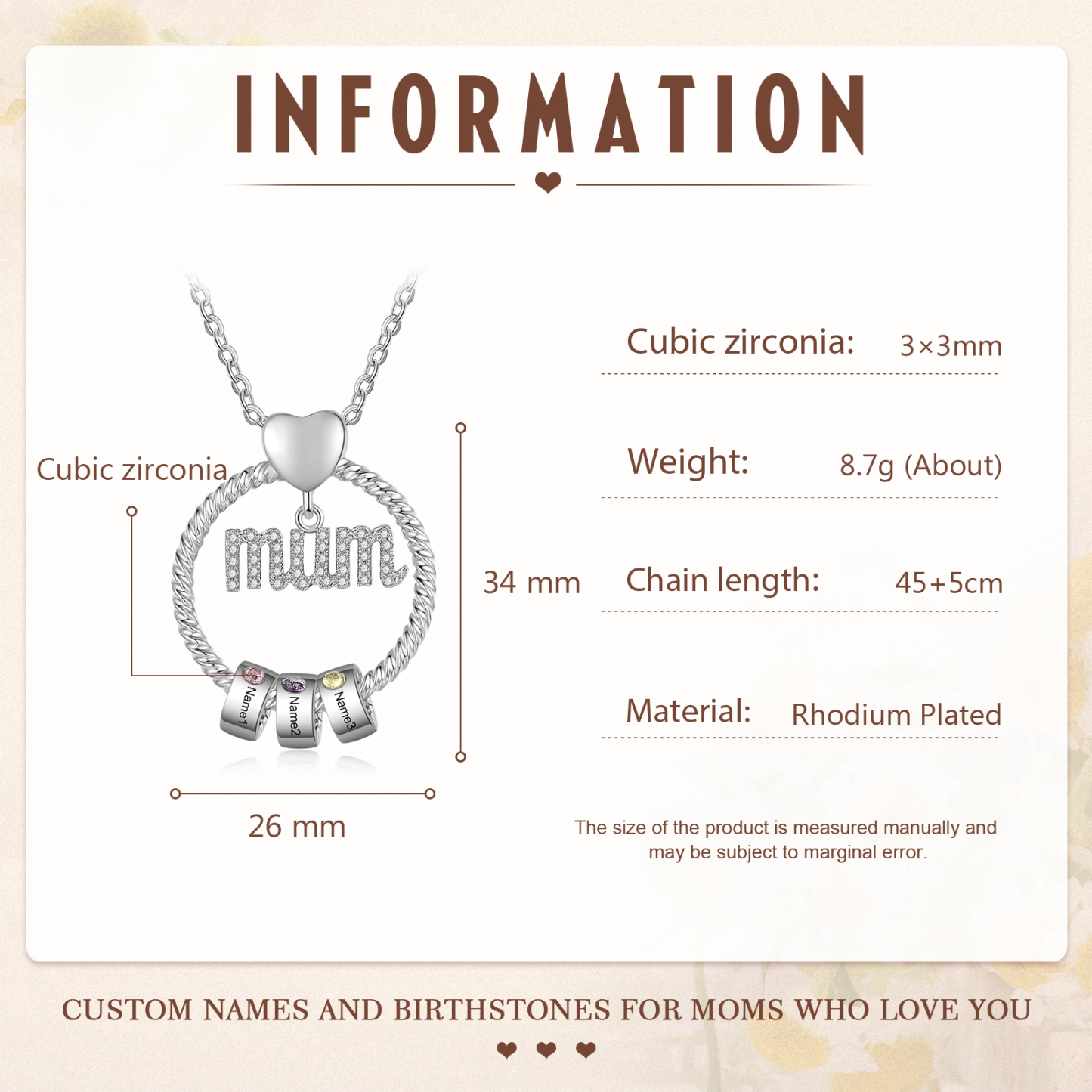 Personalized Circle Necklace With 3 Birthstones Pendant Engraved Names Gift For Mum