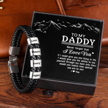 Customized  Braided Leather Bracelet Engraved 5 Names Men's Bracelet Gifts For Dad