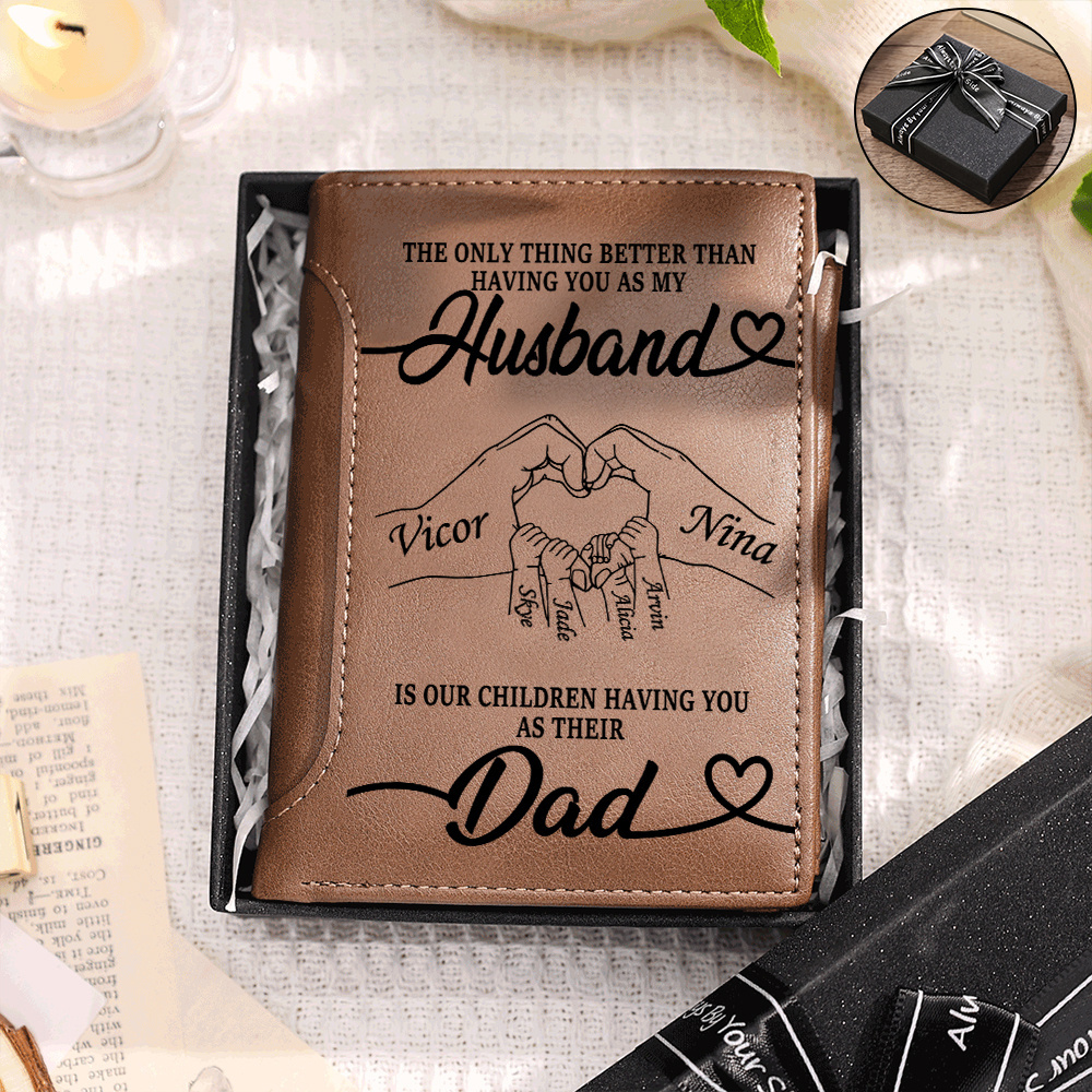 Personalized Leather Trifold Wallet for Husband or Dad with 1–6 Kids Names and Heart Hands Design