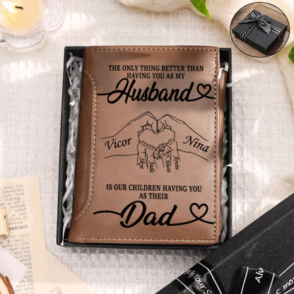 Personalized Leather Trifold Wallet for Husband or Dad with 1–6 Kids Names and Heart Hands Design