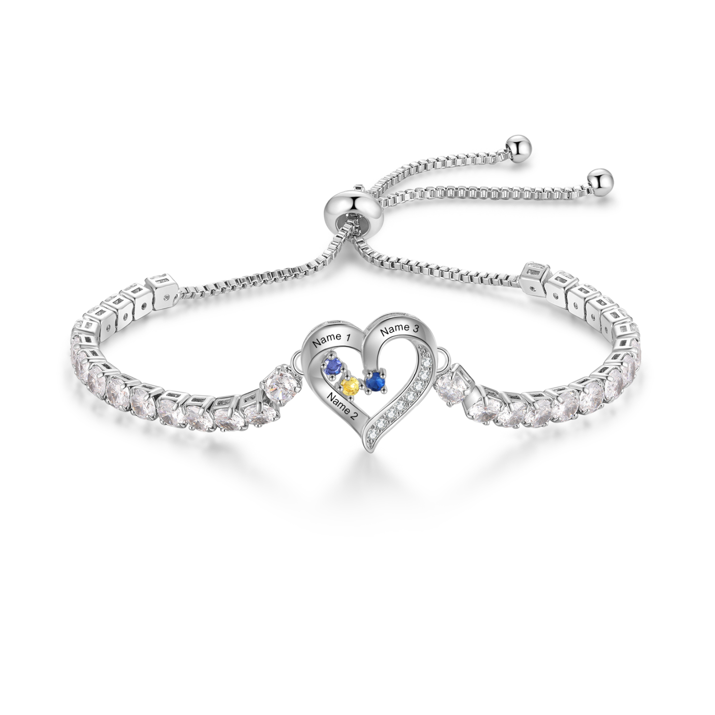 Personalized Heart Bracelet with 2-4 Names & CZ Birthstones – Custom Rhodium Plated Gift for Her | Jessemade