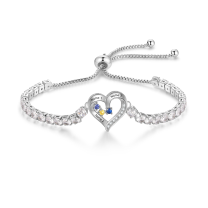 Personalized Heart Bracelet with 2-4 Names & CZ Birthstones – Custom Rhodium Plated Gift for Her | Jessemade