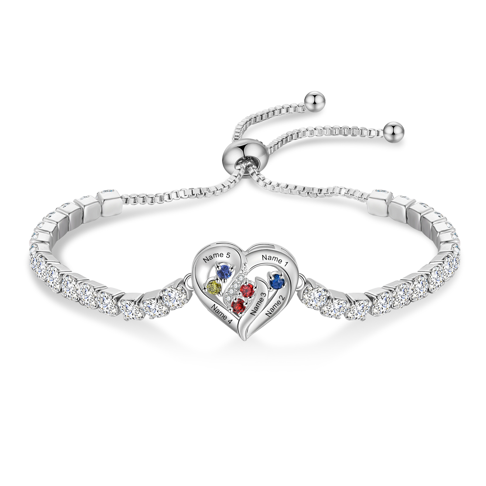 Personalized Diamond Heart Birthstone Tennis Bracelet with 2–5 Custom Names