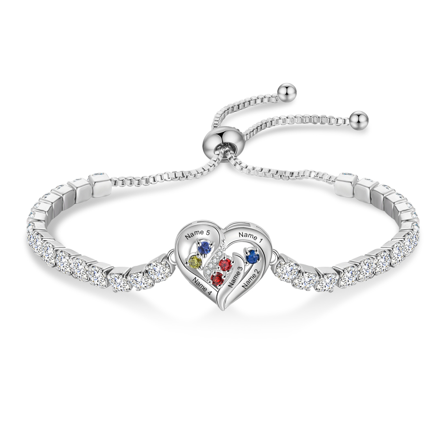 Personalized Diamond Heart Birthstone Tennis Bracelet with 2–5 Custom Names