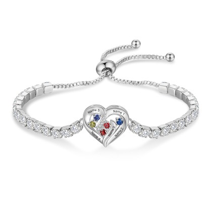 Personalized Diamond Heart Birthstone Tennis Bracelet with 2–5 Custom Names