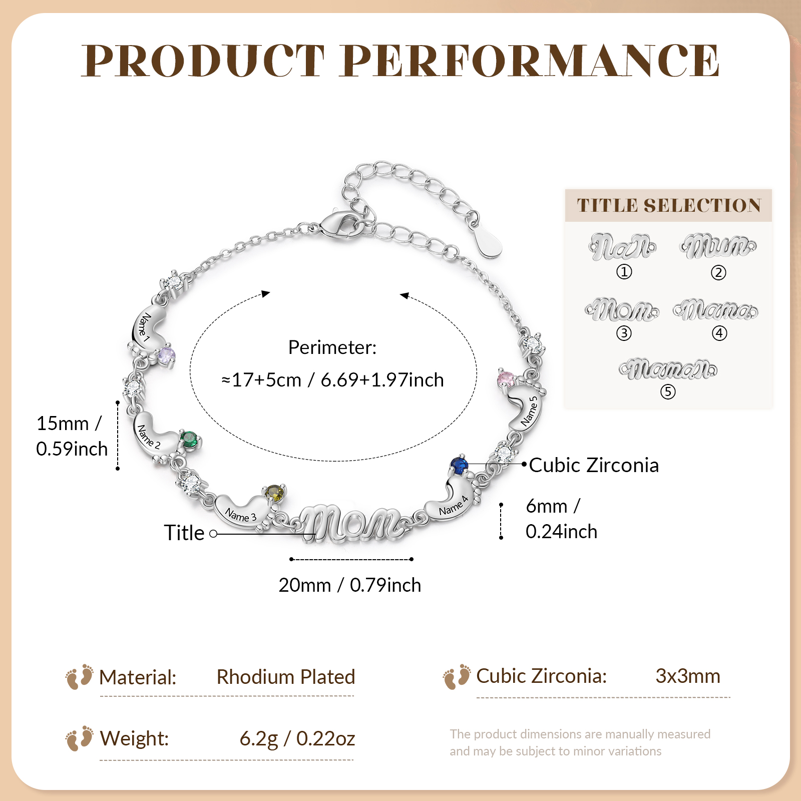 Personalized Mom Bracelet with 2–5 Baby Feet Names and Birthstones