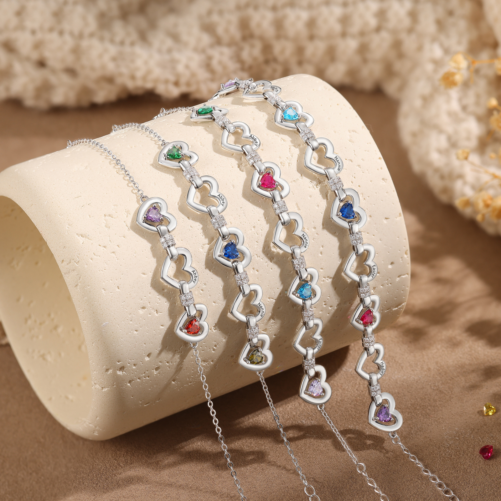 Personalized Linked Hearts Birthstone Bracelet with 1–4 Engraved Names