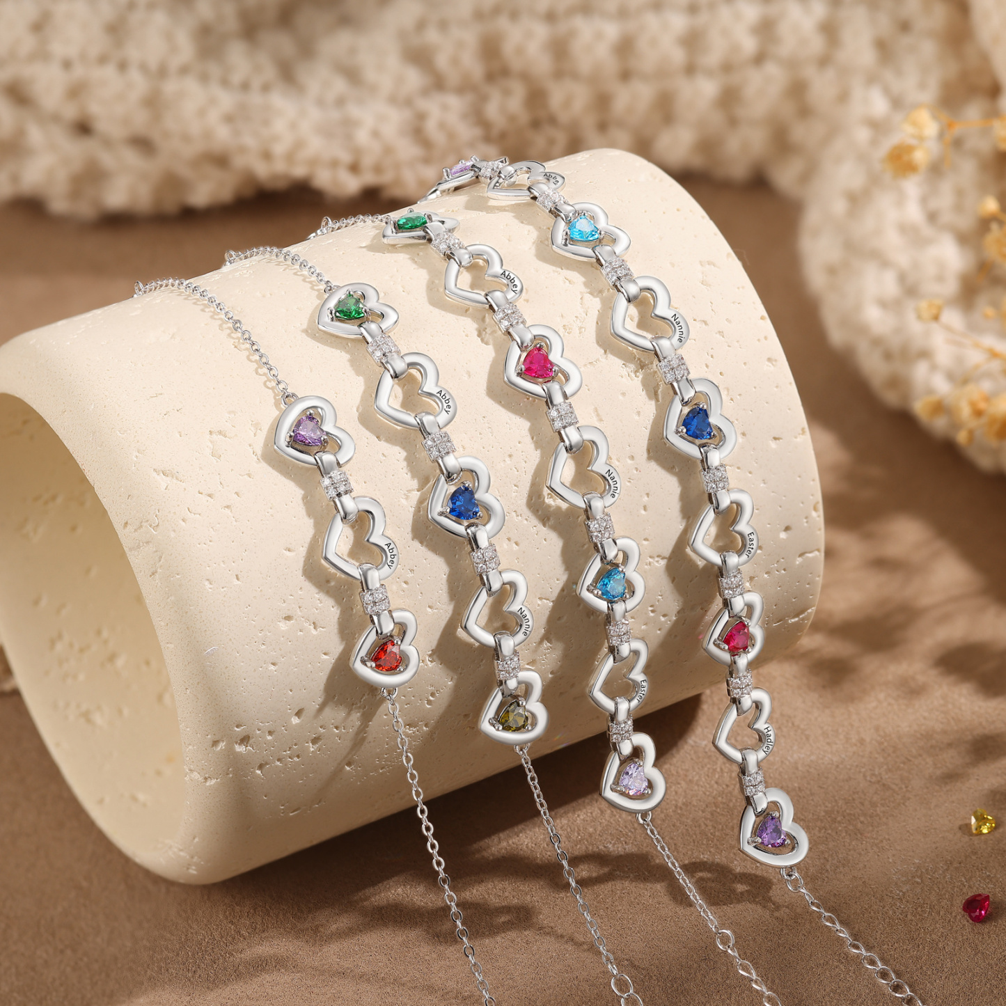 Personalized Linked Hearts Birthstone Bracelet with 1–4 Engraved Names