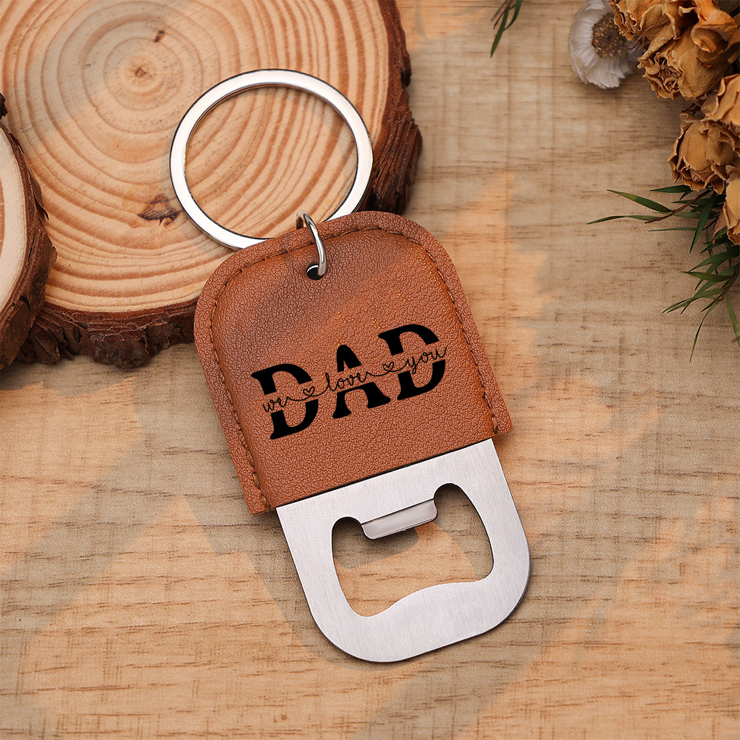 Personalized Leather Keychain For Dad With Bottle Opener Custom with 2-6 Names Hand In Hand Design