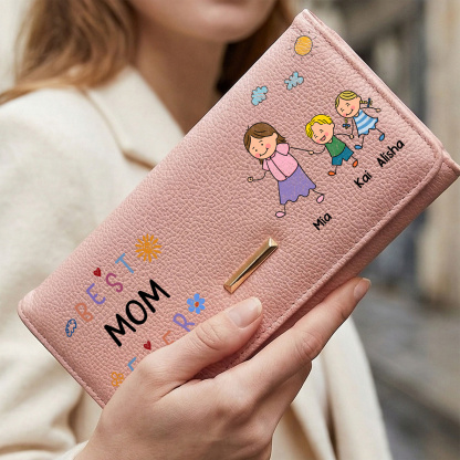 Personalized Leather Wallet Best Mom Ever Family Custom With 1-8 Names and Kids
