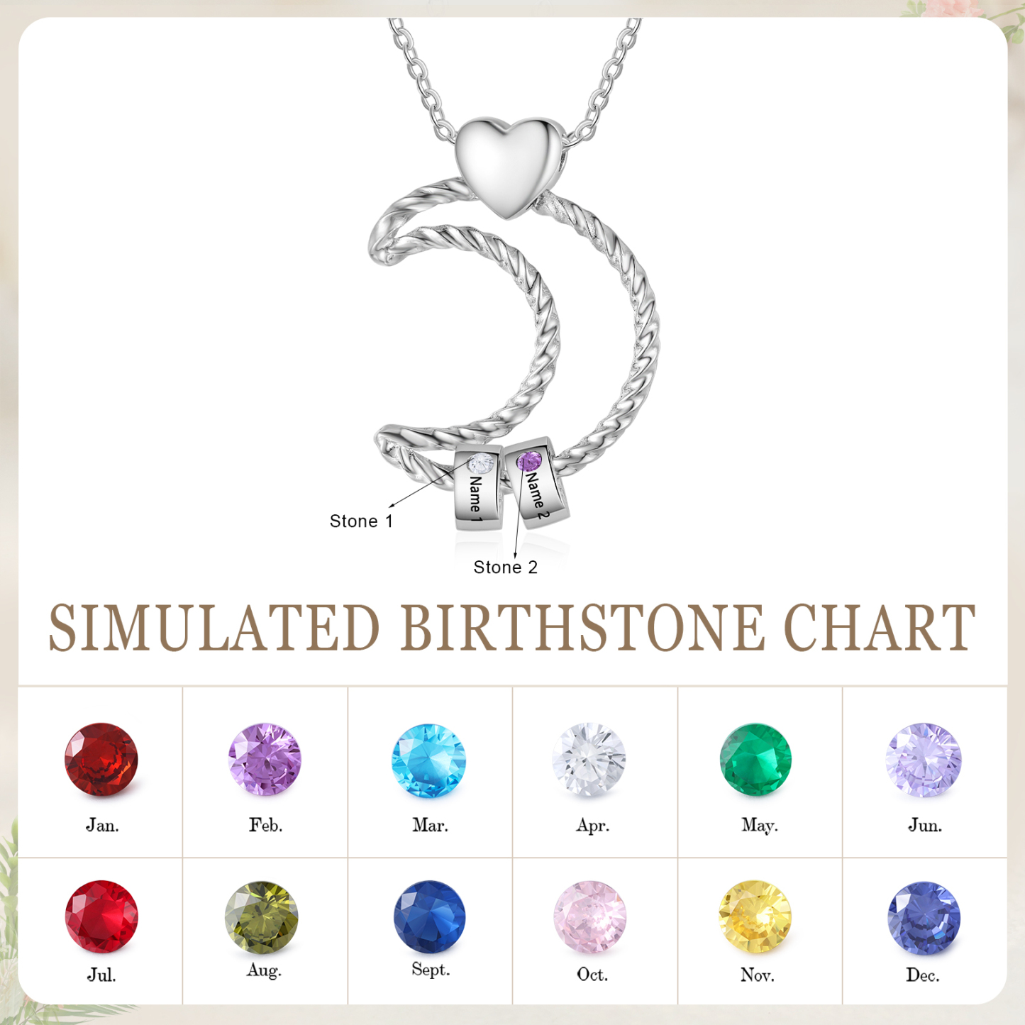 2 Names - Personalized Moon Pendant Necklace Custom Birthstones & Names Necklace Gift for Her