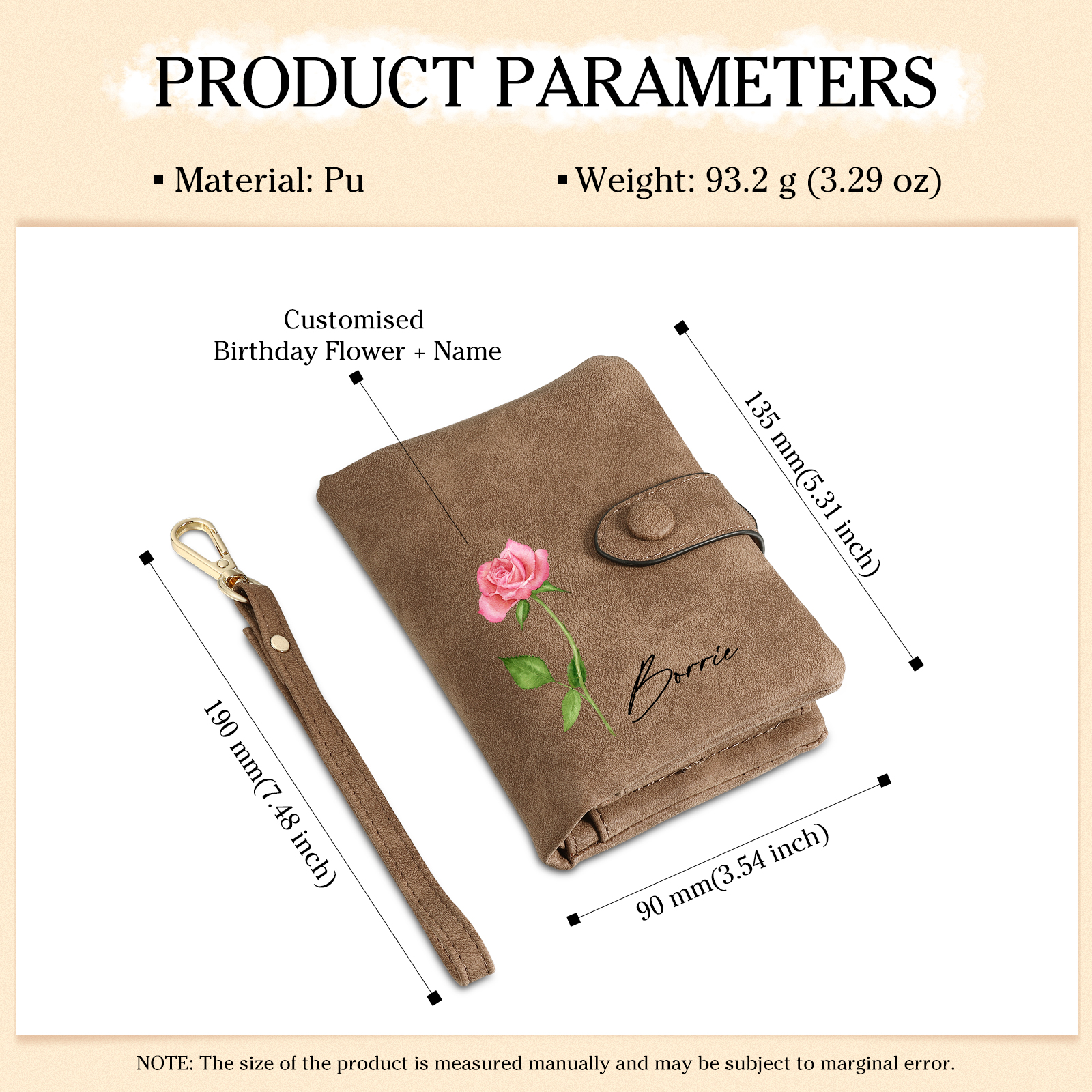 Brown Color Personalized Birthday Flower Leather Wallet Engraving Name Wallet Gifts for Women