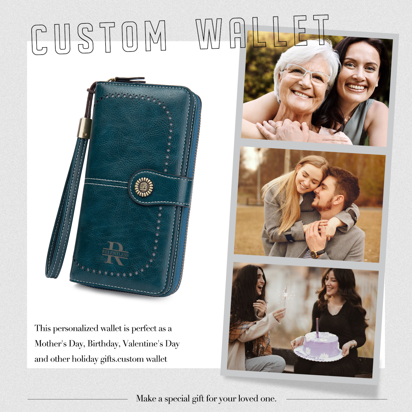 4 Colors Unisex Purse Personalized Leather Wallet Engraving Names Zip Wallet Gifts for Men Women