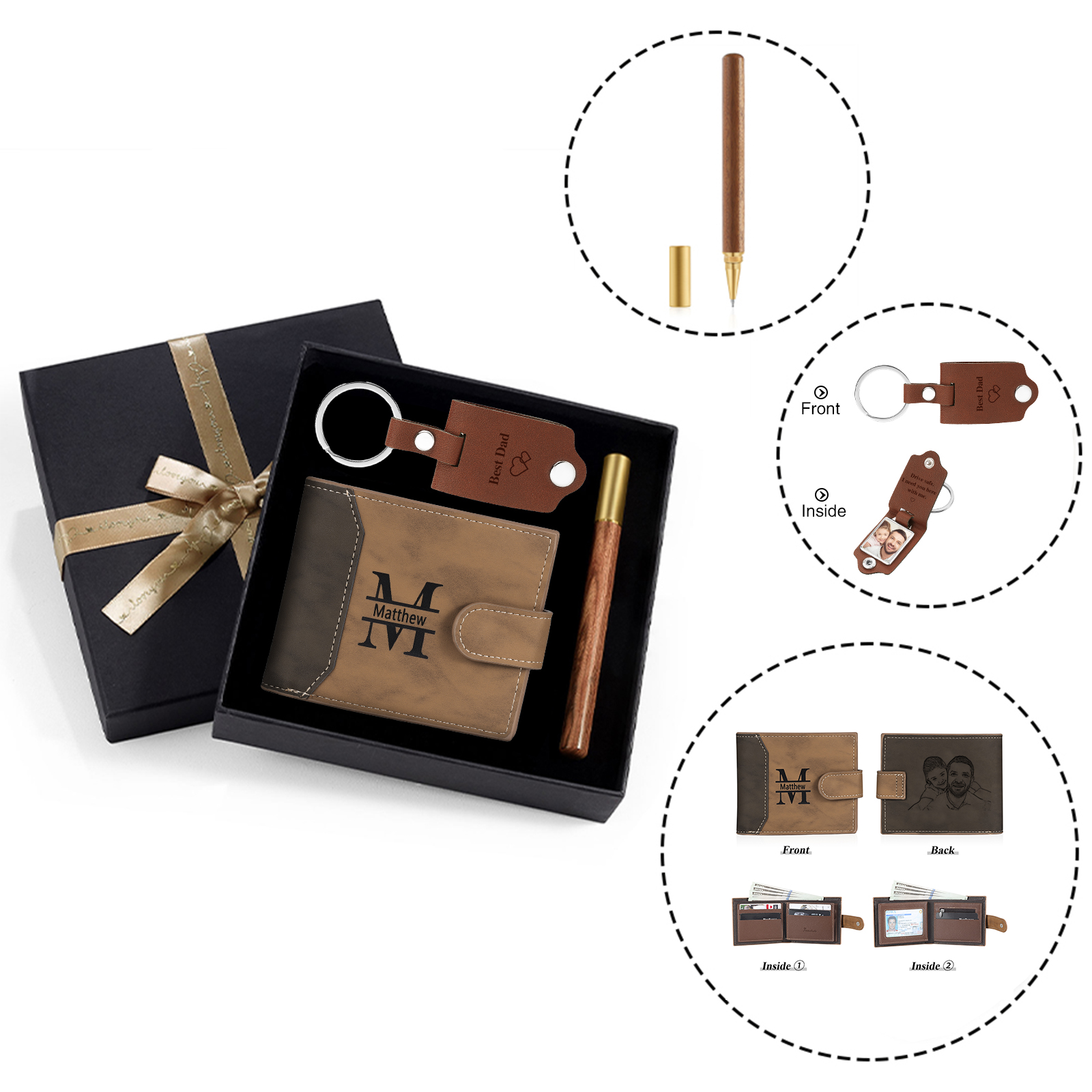 Personalized Leather Wallet Gift Box Set Keychain With Customizable Photo Wallet Customizable Name Letter Gift For Him