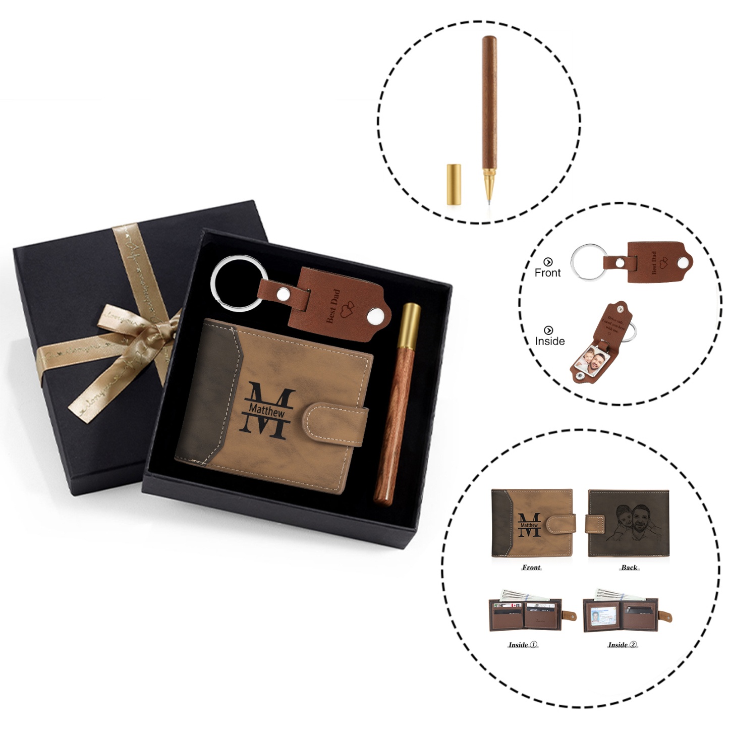Personalized Leather Wallet Gift Box Set Keychain With Customizable Photo Wallet Customizable Name Letter Gift For Him
