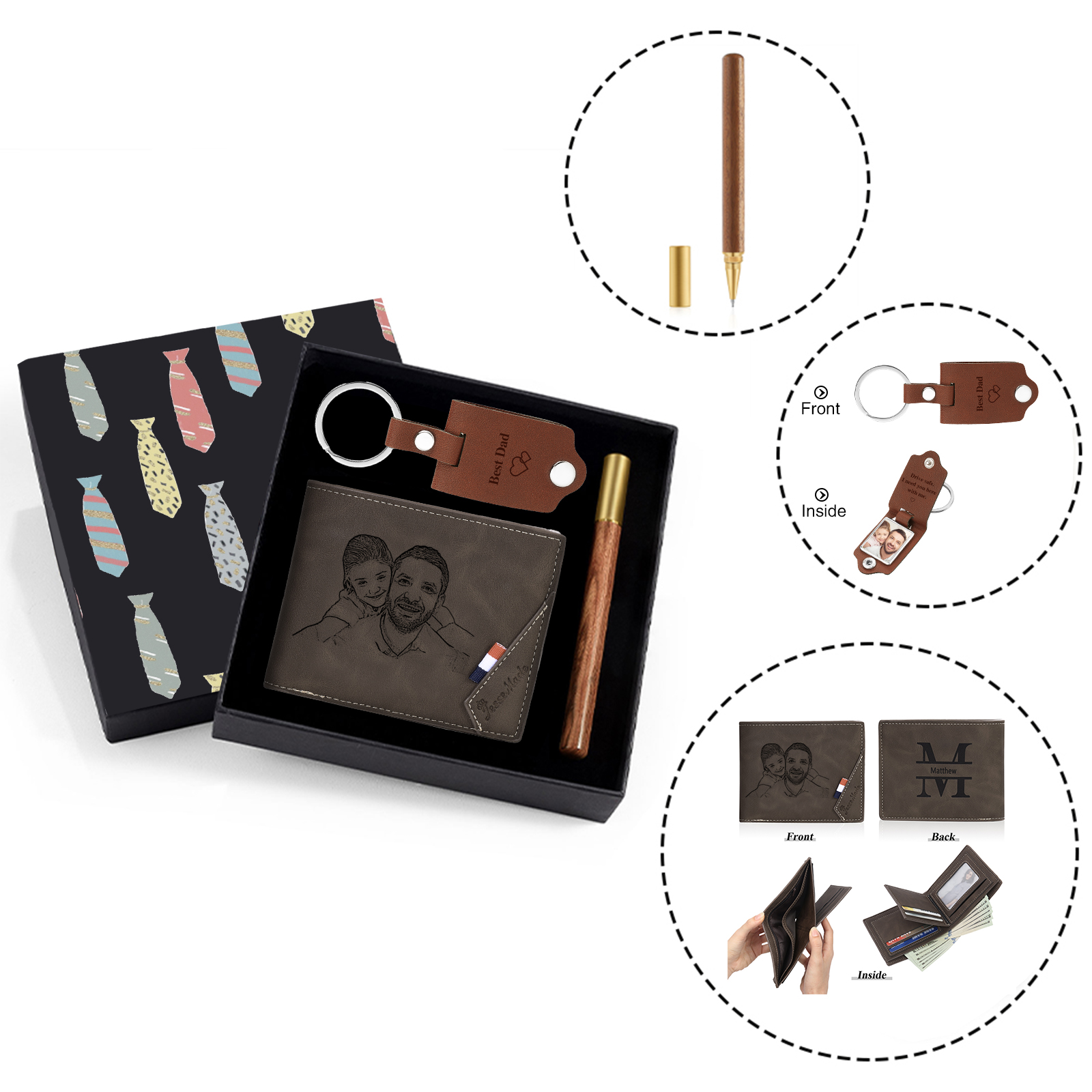 Personalized Leather Wallet Gift Box Set with Keychain Customizable Photo,Text ,Name and Letter Wallet Gift for Him