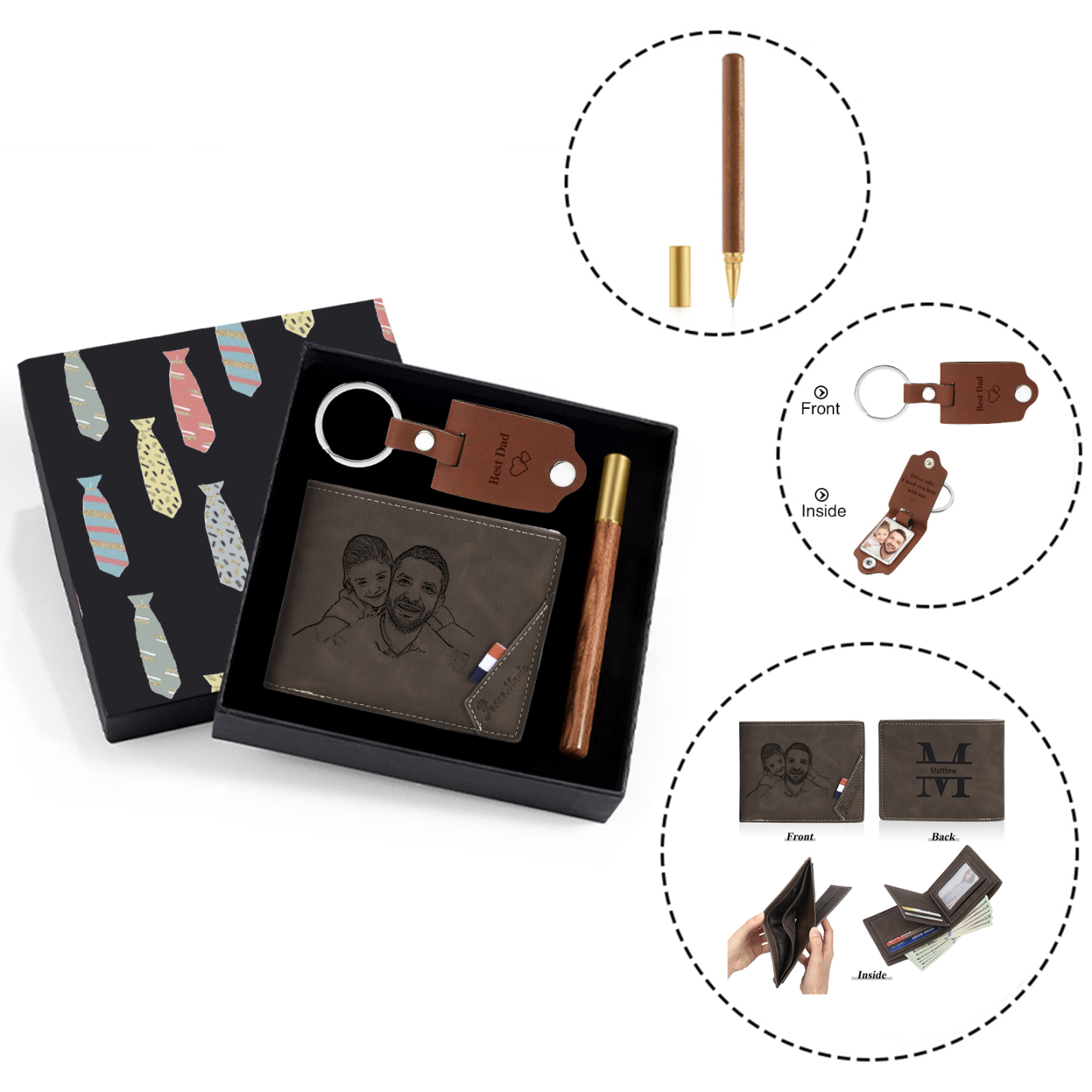 Personalized Leather Wallet Gift Box Set with Keychain Customizable Photo,Text ,Name and Letter Wallet Gift for Him