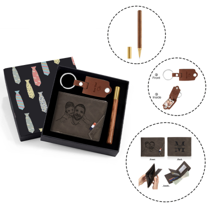 Personalized Leather Wallet Gift Box Set with Keychain Customizable Photo,Text ,Name and Letter Wallet Gift for Him