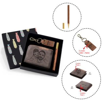 Personalized Leather Wallet Gift Box Set with Letter Name Keychain Customizable Photo and Text Wallet Gift for Him