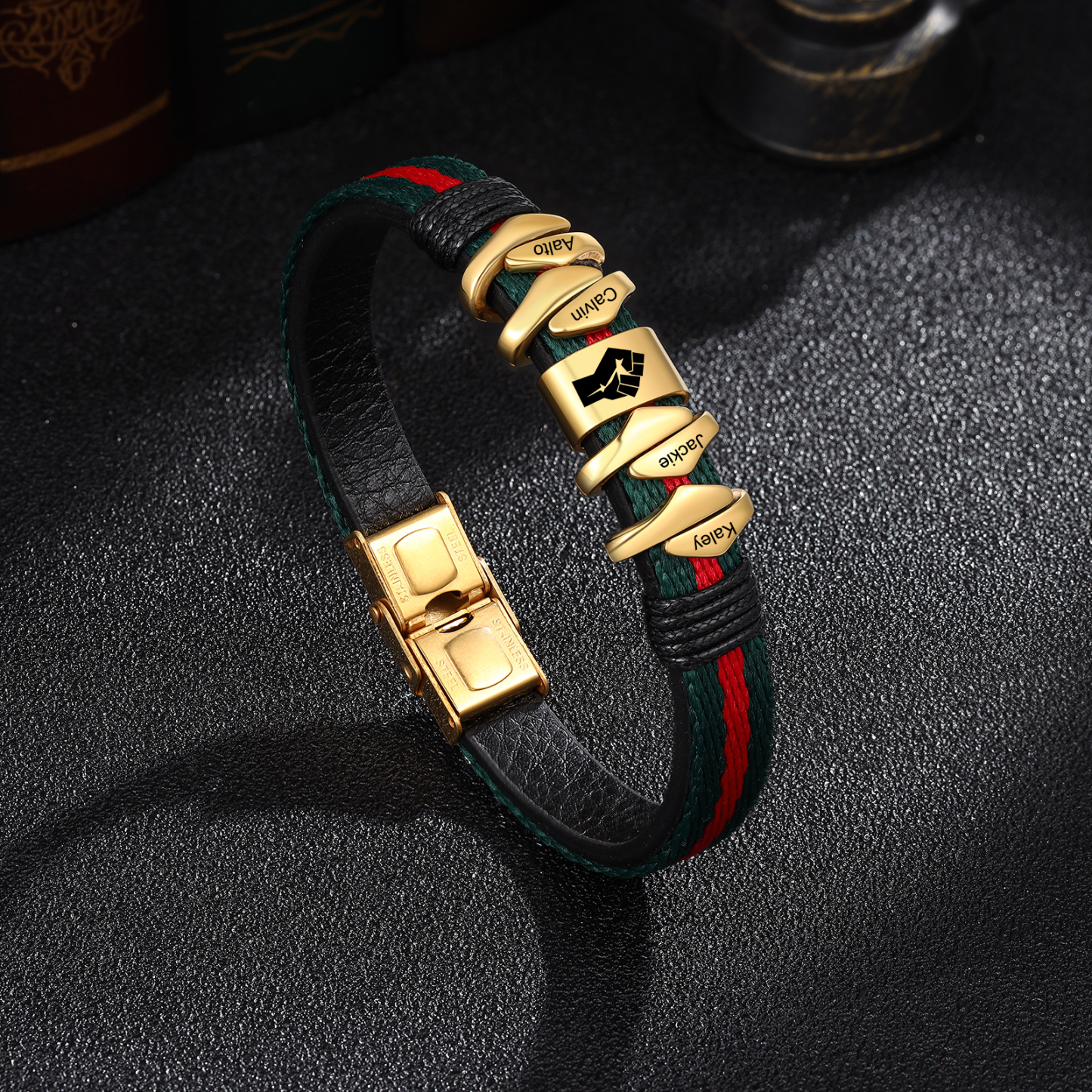 Personalized Leather Bracelet Custom 4 Names Mens Bracelet Silver and Gold