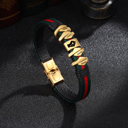 Personalized Leather Bracelet Custom 4 Names Mens Bracelet Silver and Gold