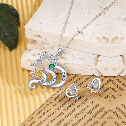 Personalized Rose Flower Heart Necklace With 3 Birthstones And Earring Custom Names Necklace For Her