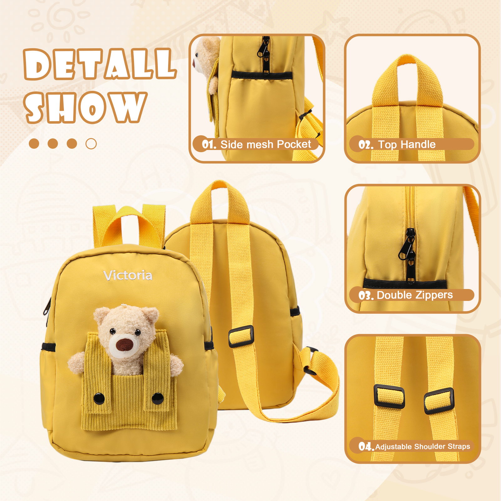 Personalized Bear Style School Bag Customized Name Canvas Kids Backpack Back to School Gift