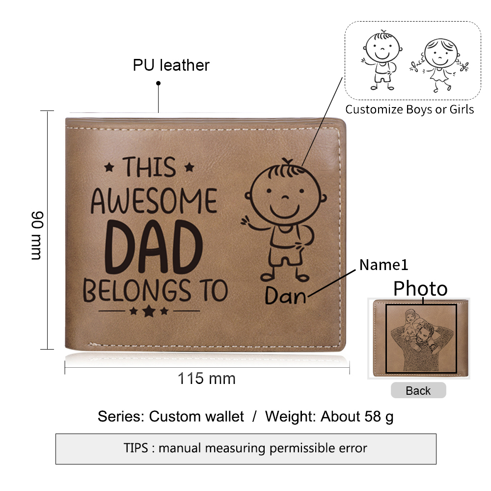 1 Name-Personalized Doll Customized Leather Men's Wallet Customized Name Folding Wallet for Dad