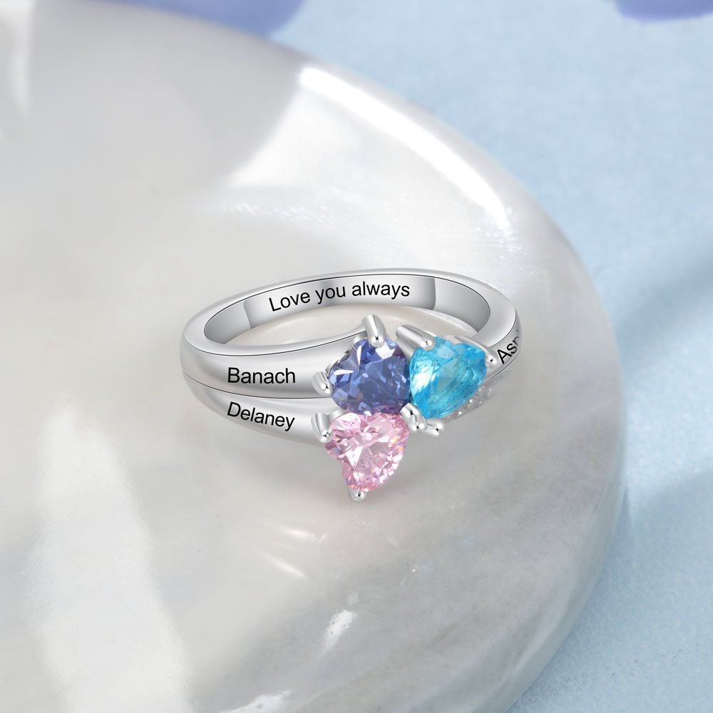 Personalized 3 Birthstones Mothers Ring With Names Gifts For Her