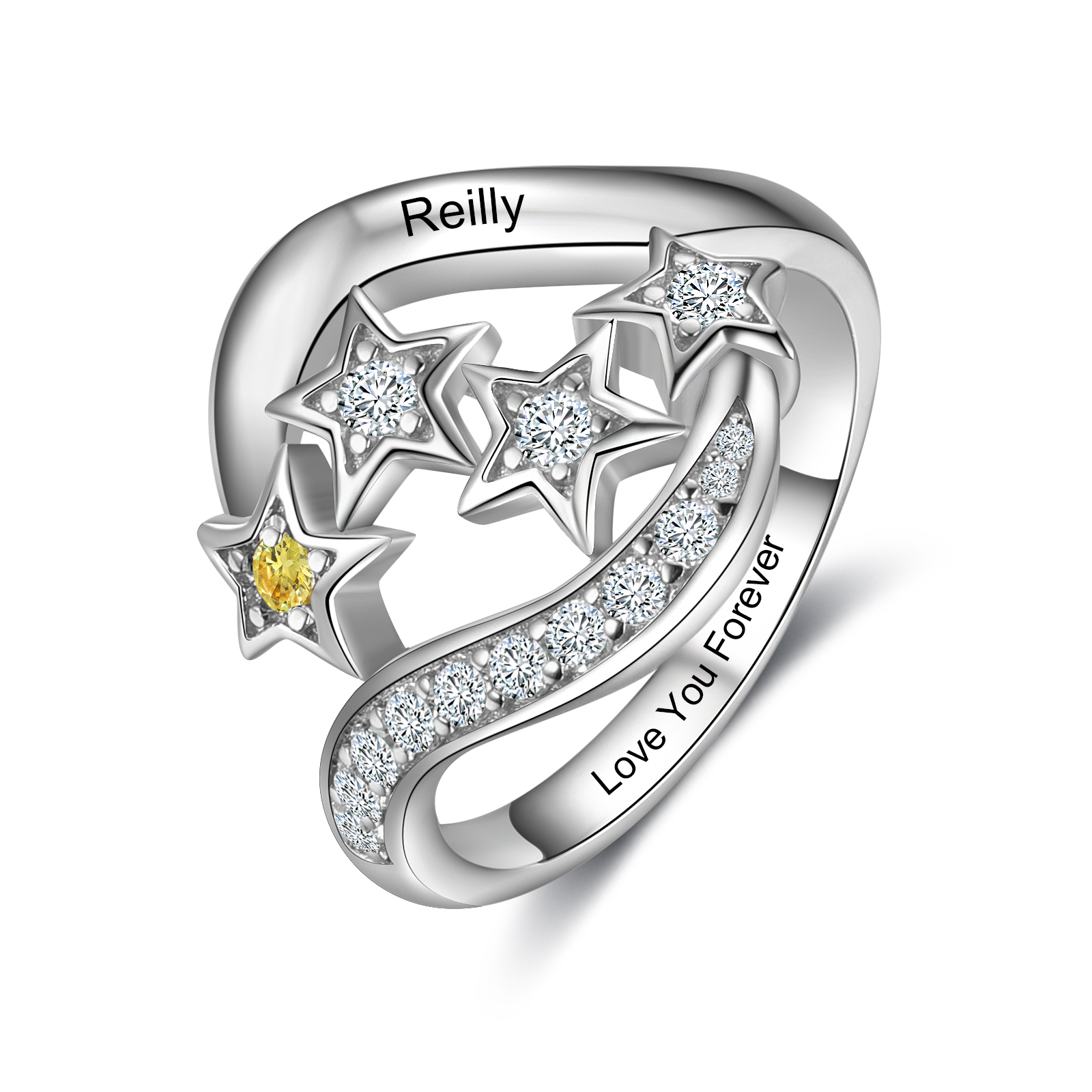 Personalized Star Ring With 1 Birthstone Engraved Names Ring Gift For Women