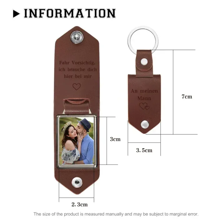 Personalised Photo Keyring Custom 2 Text and 1 Photo Leather Keyring Valentine's Day Gift for Him | Jessemade