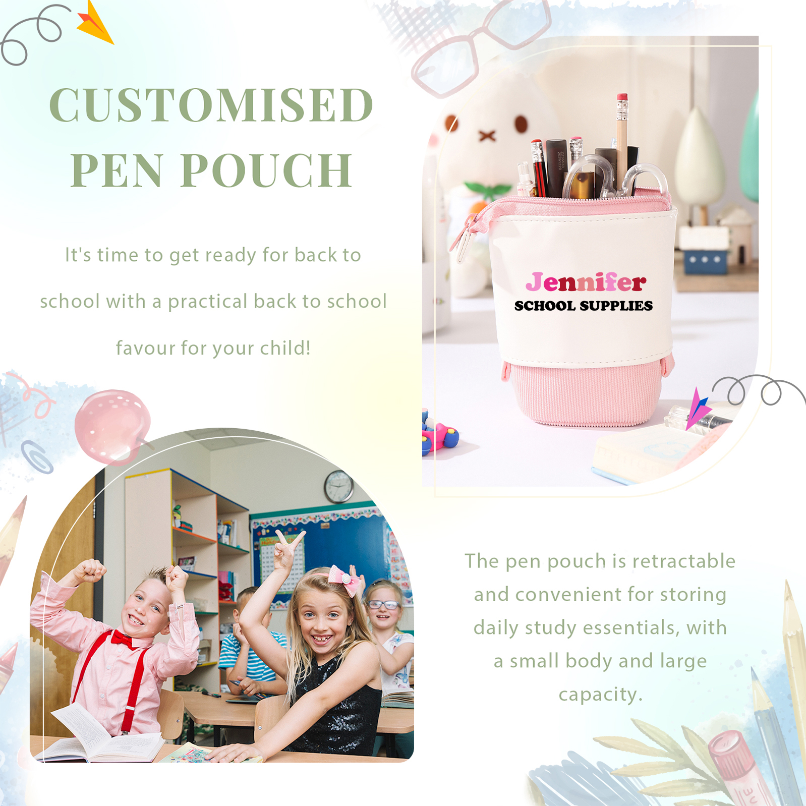 Personalized Pencil Case Custom 2 Text Pen Pouch Back To School Gift for Kids