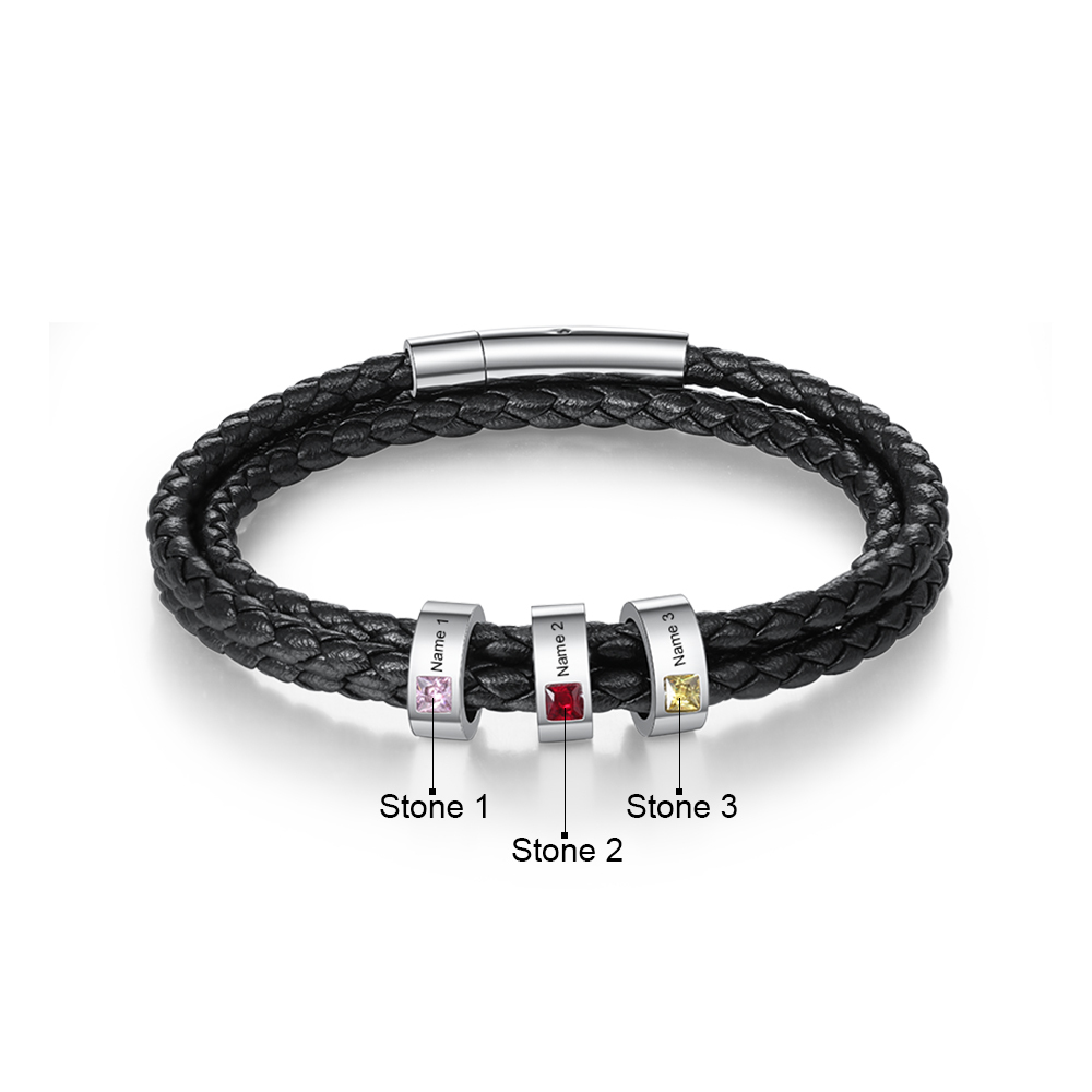 Personalized 3 Layer Leather Bracelet with 3 Beads Engraved Names Men's Bracelets for Him