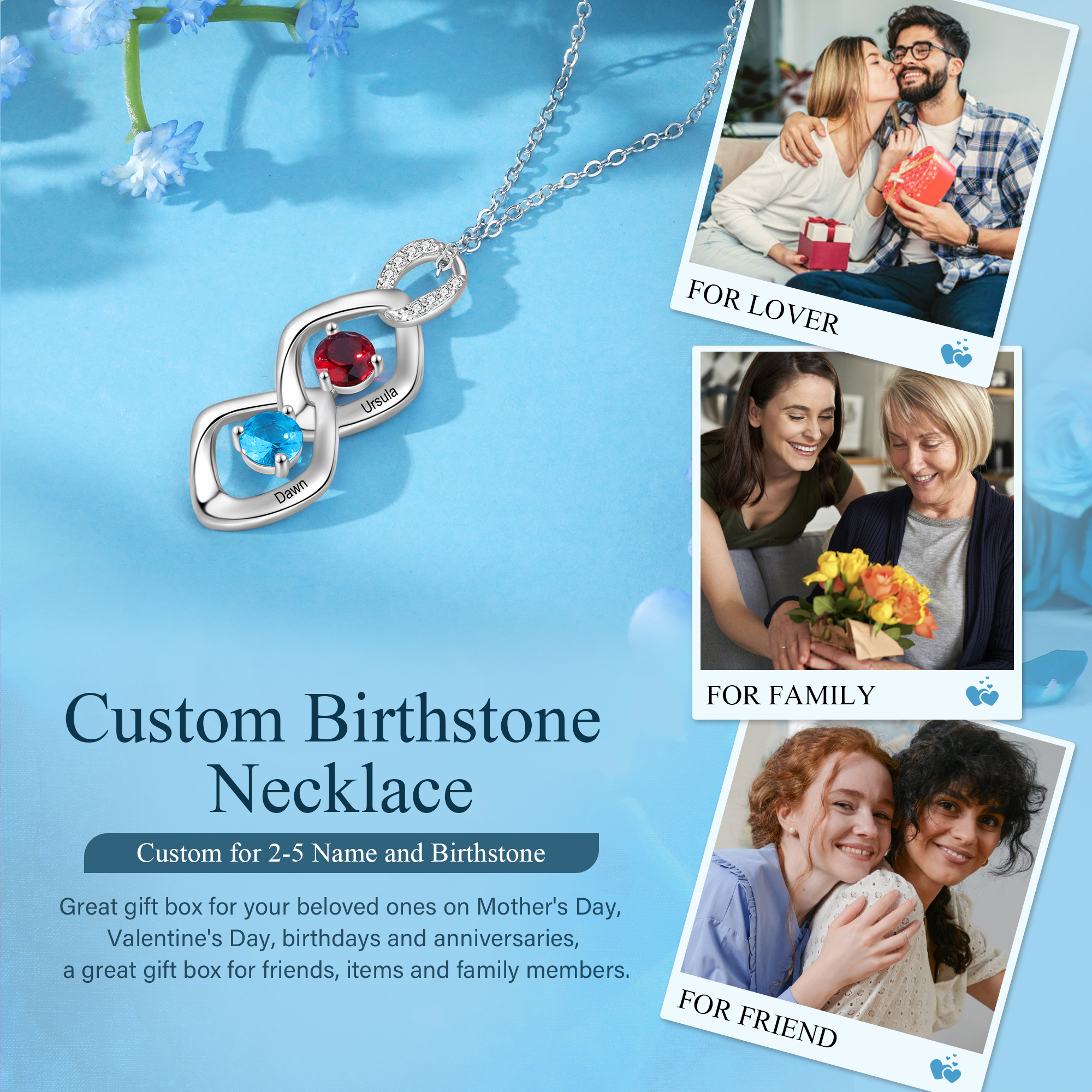 2 Names - Personalized Birthstone Necklace With Name Engraved For A Special Gift For Mom/Grandma