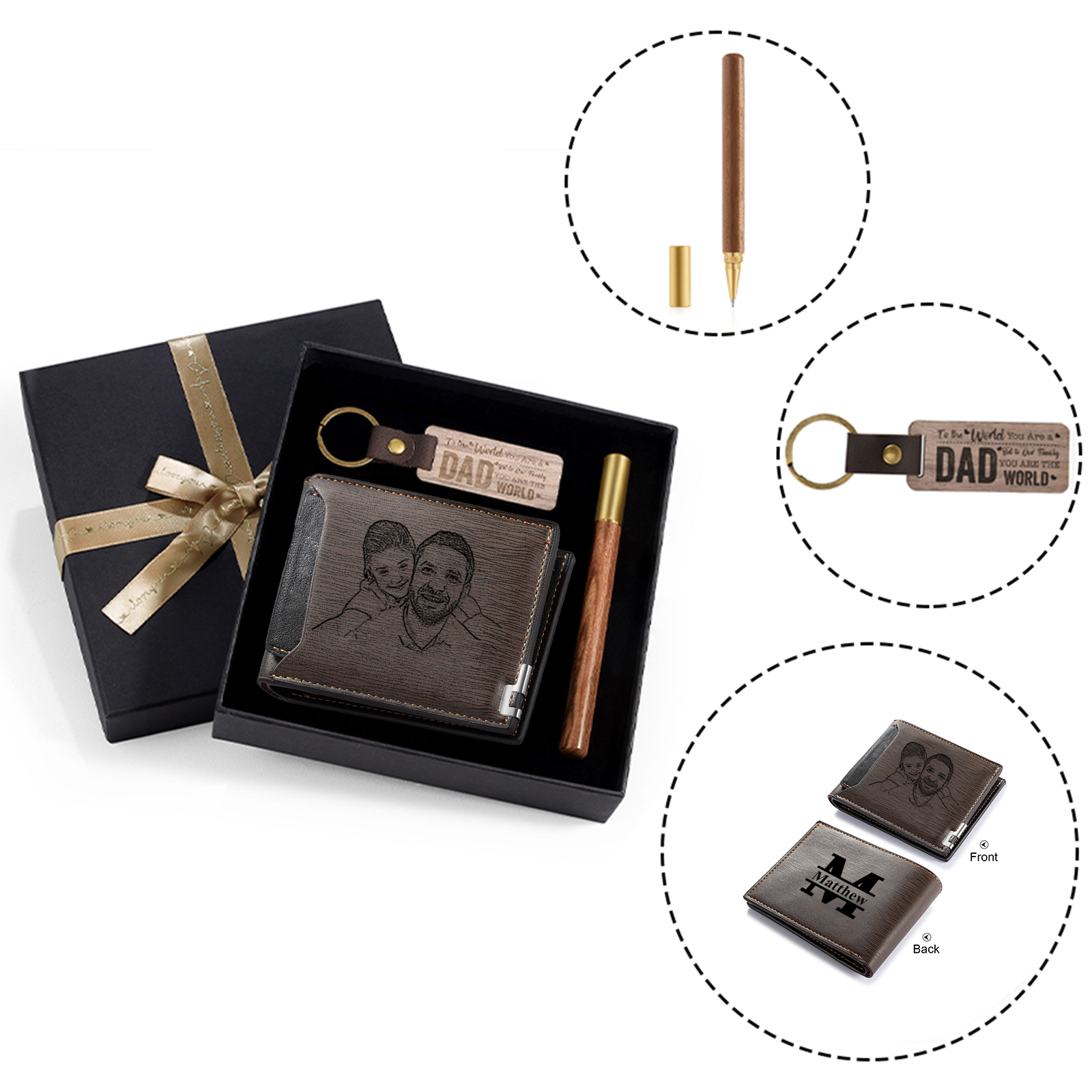 Photo Personalized Leather Wallet Gift Box Set with Keychain Customizable Letter Name Wallet Gift for Dad