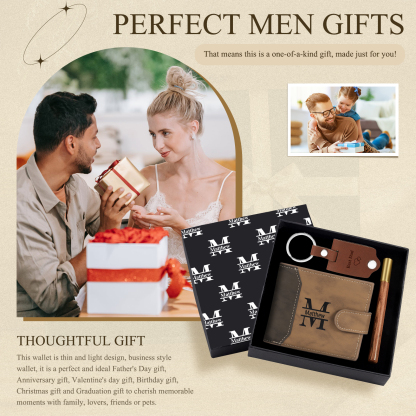 Personalized Leather Wallet Gift Box Set with Keychain Customizable Photo,Text ,Name and Letter Wallet Gift for Him