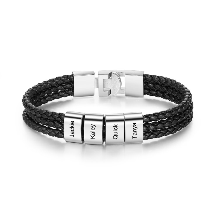 Black Braided Leather Custom 4 Beads Men's Bracelets For Him Best Gift For Him